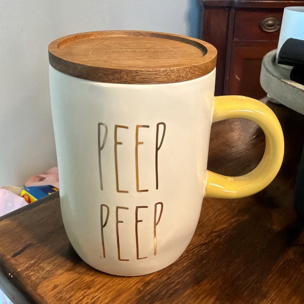 Rae Dunn Easter mug. Peep peep gold writing with wooden coaster